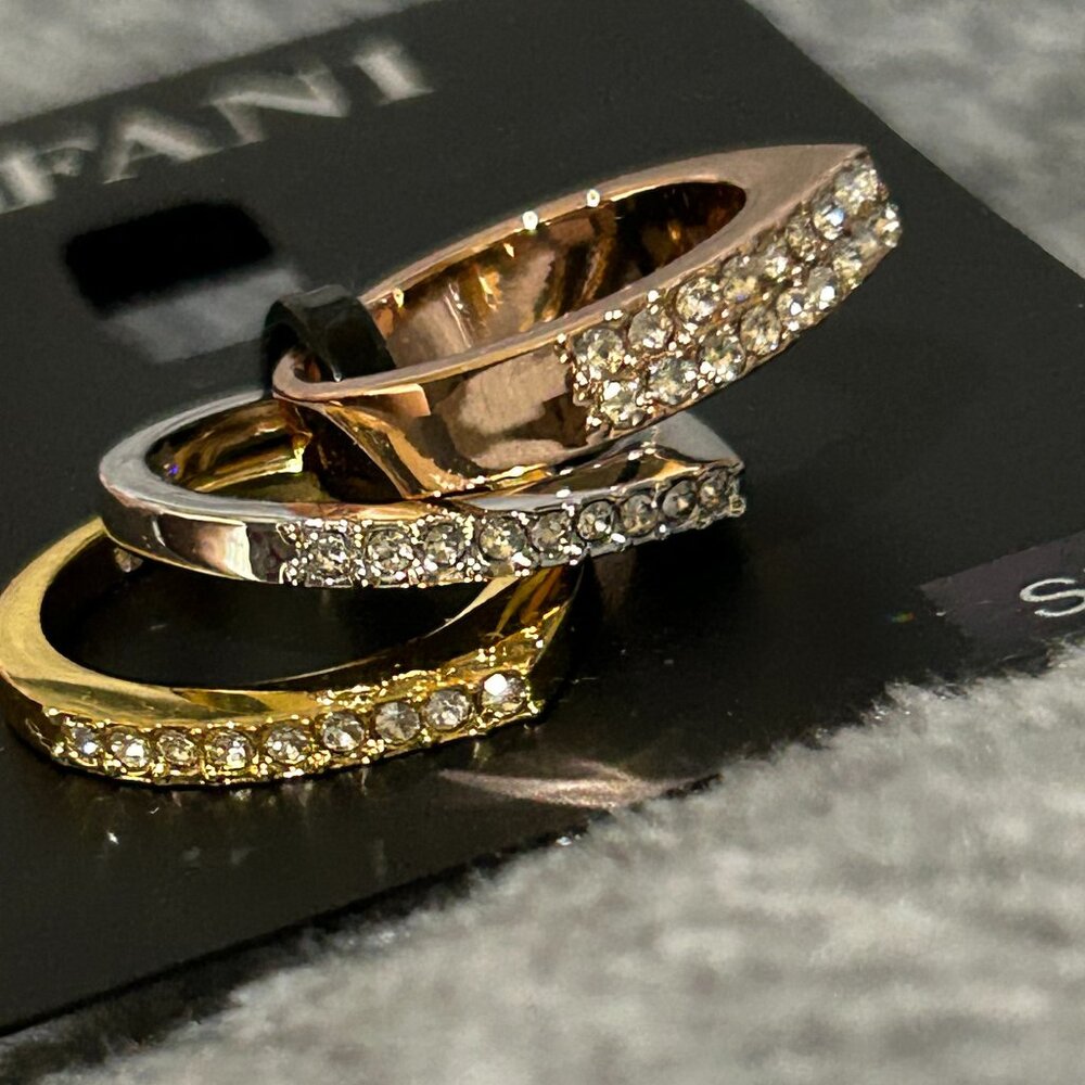 ALFANI Crystal Stackable Rings Bands Set 3 Rose Gold Silver Gold SZ 5 NWT 🦋
